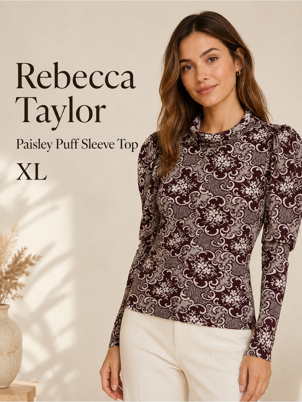 Rebecca Taylor Rochelle Fleur Top XL Purple Brown Floral Mesh Puff Sleeve Top